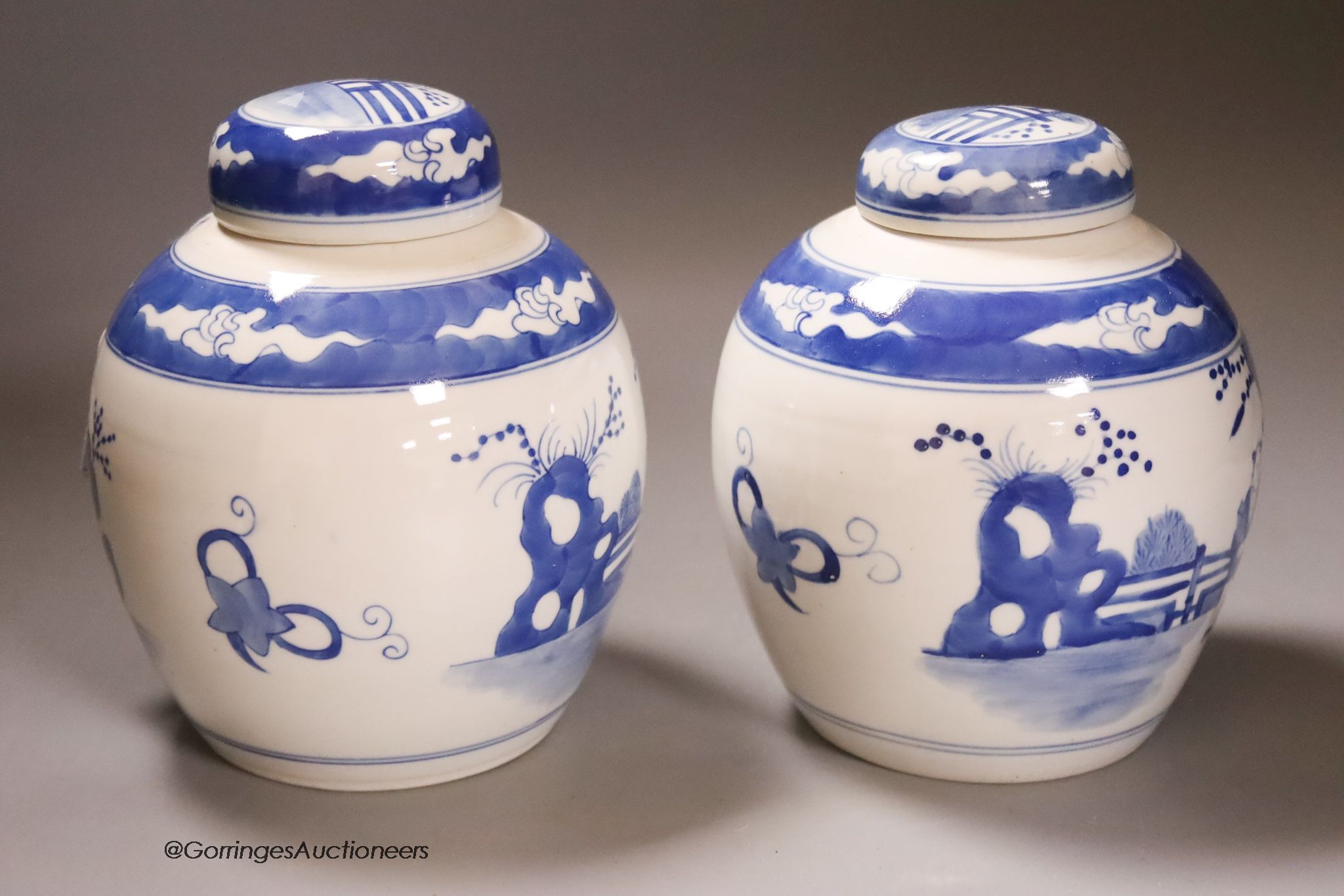 Two Chinese blue and white porcelain ginger jars and covers, height 17cm overall